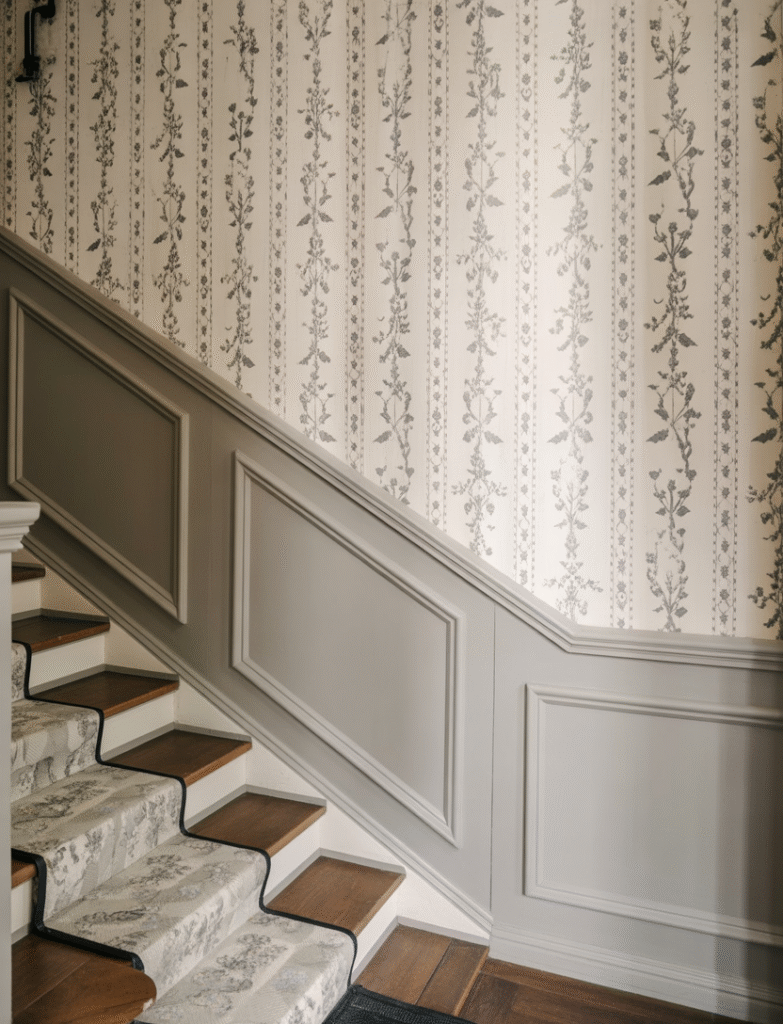 Staircase with board and batten lower panels and wallpaper above in subtle florals or delicate geometric prints, coordinating with neutral or wood-toned decor for a balanced and stylish look.