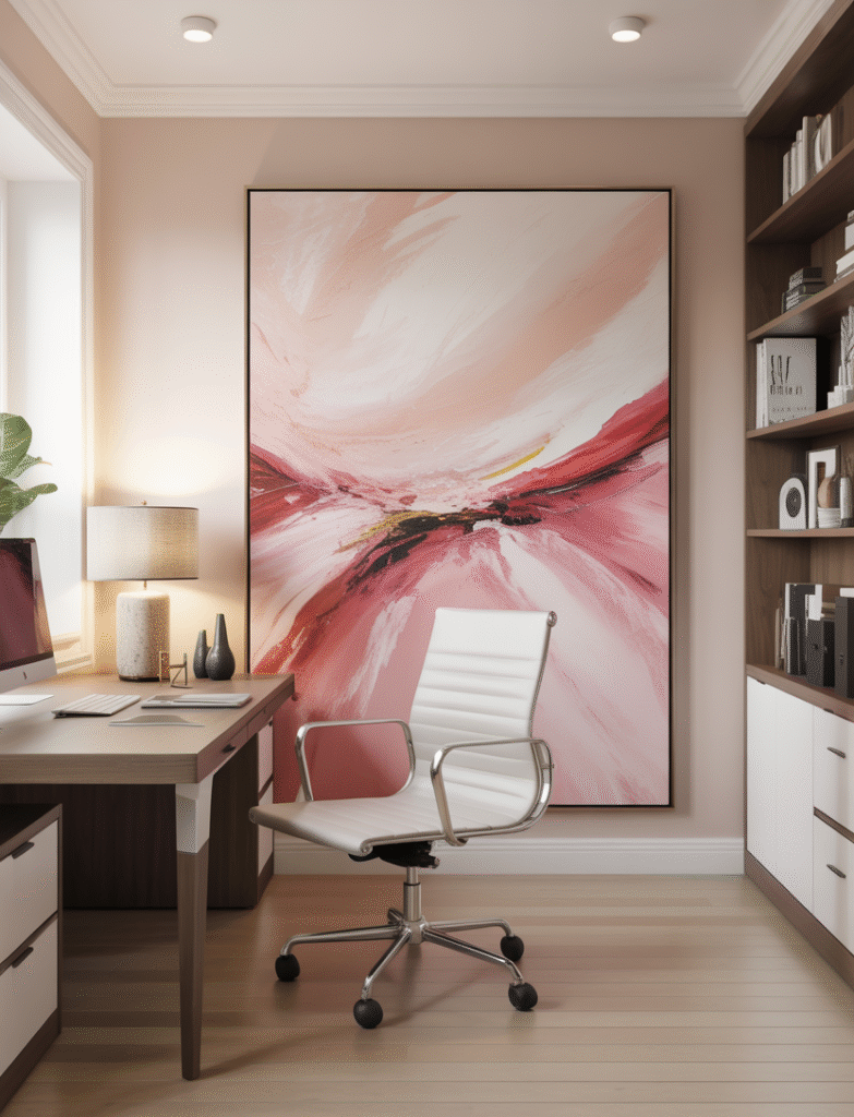 White-walled office with large pink abstract artwork as the centerpiece, paired with minimalist decor.