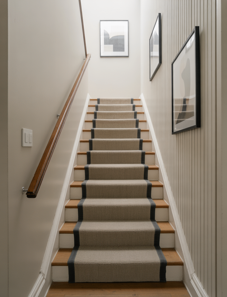 Staircase with slim, closely spaced battens, giving the design a sleek and contemporary feel. Simple framed modern art and a neutral stair runner highlight the clean lines and minimalism of the space.