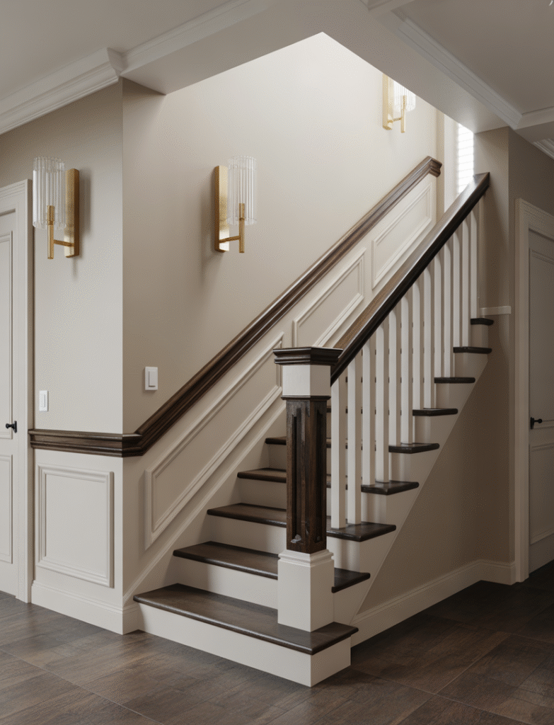 Staircase with contrasting trim at the top rail or baseboards, providing extra definition and a polished finish. Matching hardware on sconces and stair railings creates a cohesive, refined look.