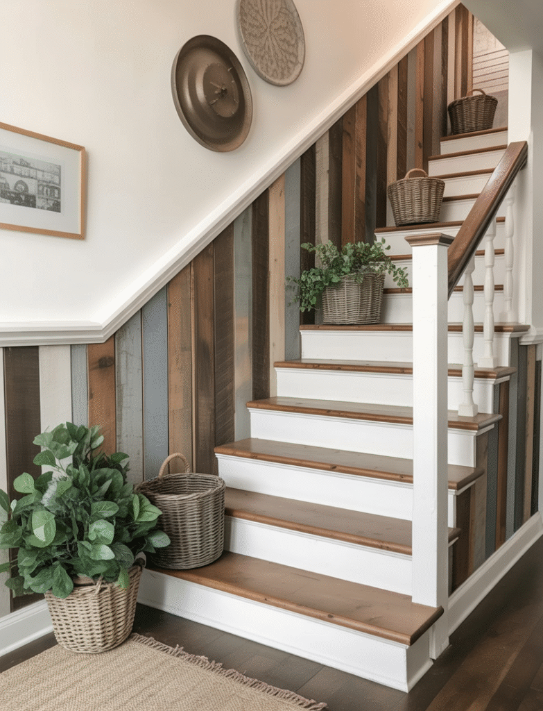 Staircase with reclaimed wood planks for the board and batten paneling, adding texture and warmth. Greenery, vintage rugs, and woven baskets on landings reinforce the cozy, natural feel.