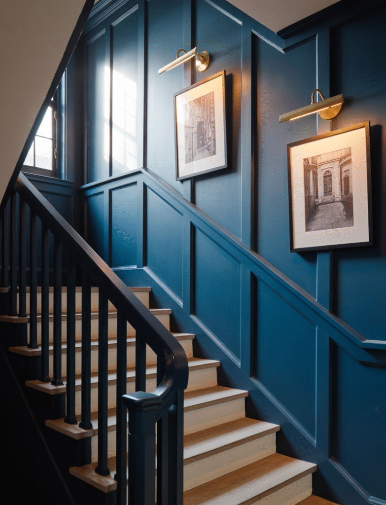 Staircase with rich, dramatic board and batten walls in colors like navy or forest green, creating a bold focal point. Minimal decor above, such as black-and-white photos or metal-framed art, lets the wall color shine.
