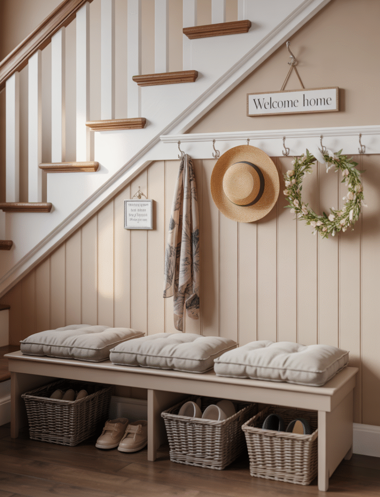 Staircase landing with decorative hooks on the lower half of the board and batten wall, perfect for hanging bags, scarves, or seasonal wreaths. A small bench with cushions and woven baskets underneath provides a practical, welcoming drop zone.