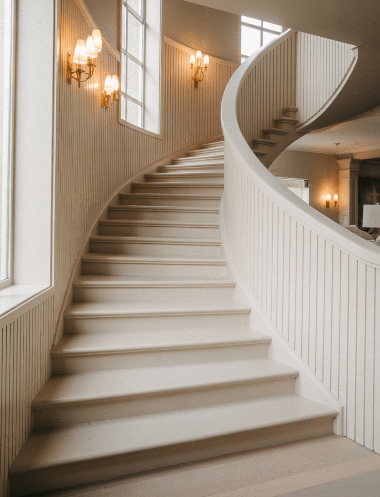 Curved staircase with board and batten treatment following the curve for a seamless, fluid design. Classic white or soft ivory tones are paired with brass sconces for understated elegance.