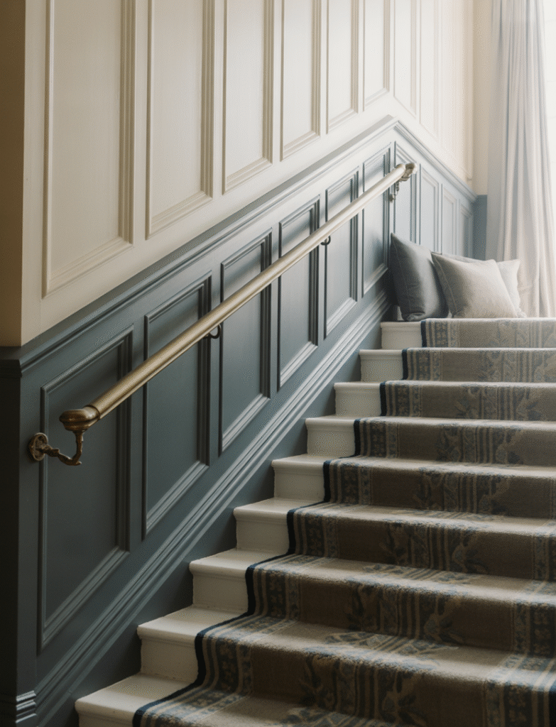 Staircase with board and batten painted in two tones — a darker bottom portion and a lighter upper half, adding contrast and visual interest. Soft furnishings like stair runners and pillows echo the tones for harmony.