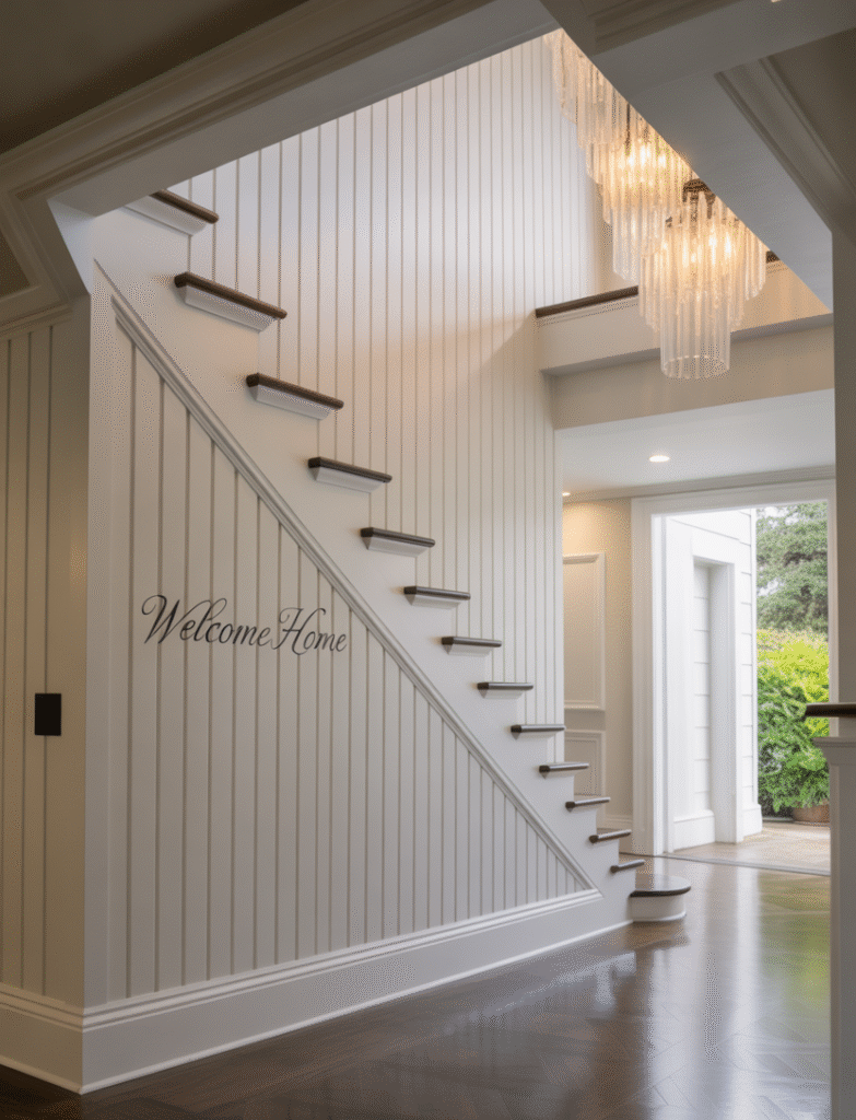 Staircase with board and batten paneling extending from the baseboard to the ceiling, creating maximum impact. A statement pendant light or chandelier hangs above the stair landing for added grandeur.