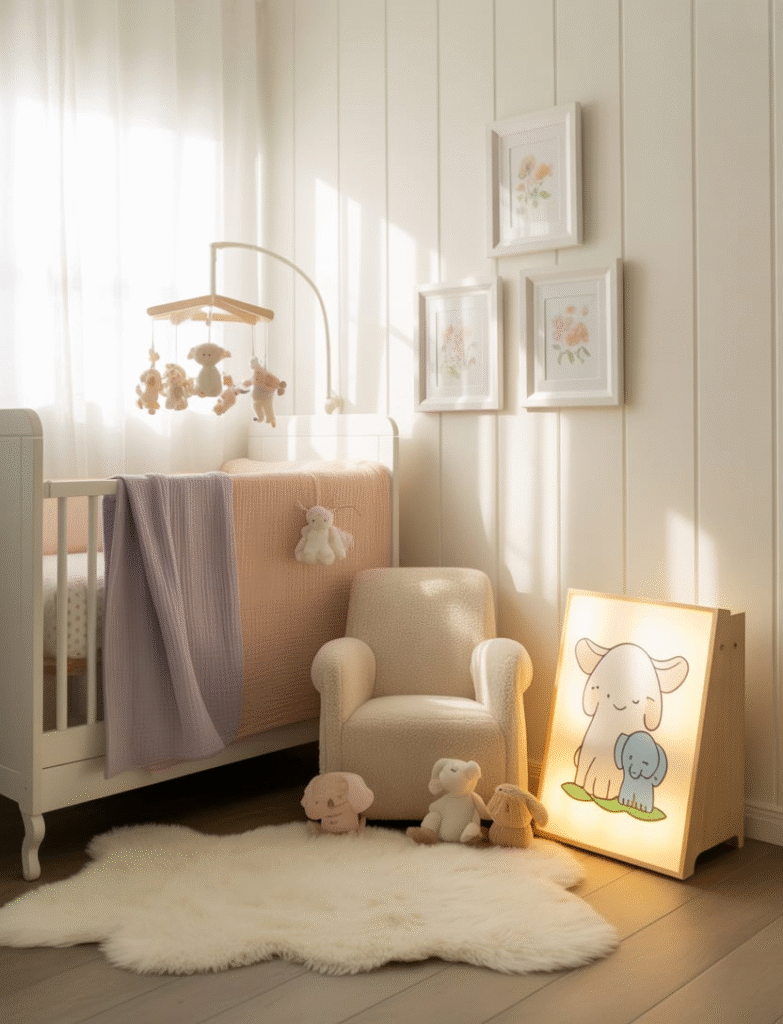 As a part of board and batten nursery ideas this picture shows nursery featuring all-white board and batten panels, paired with pastel bedding, soft plush rugs, and delicate floral prints frames, creating a clean, bright, and classic nursery vibe.
