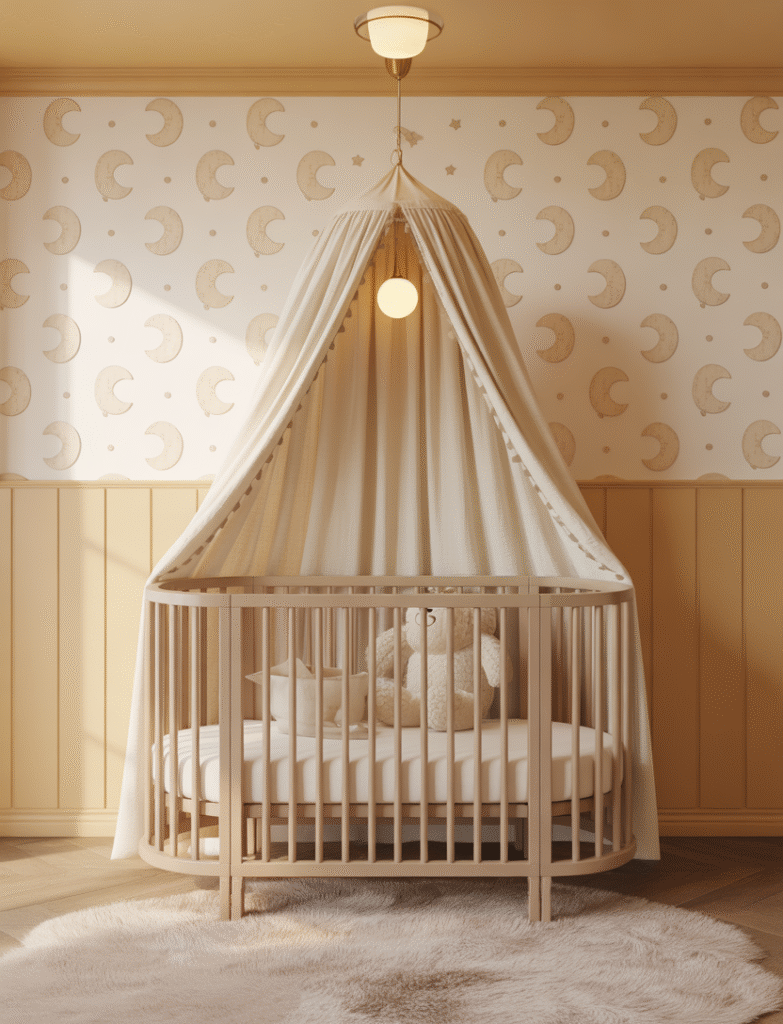 Nursery with board and batten installed halfway up the walls, leaving room above for whimsical wallpaper with moon and stars creating a playful and airy feel.