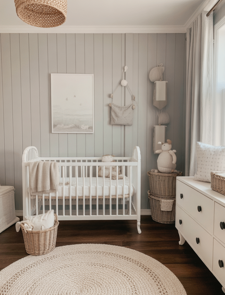 Nursery with soft gray board and batten panels, complemented by white furniture, woven baskets, and cozy knits, giving the space a calm and soothing atmosphere.
