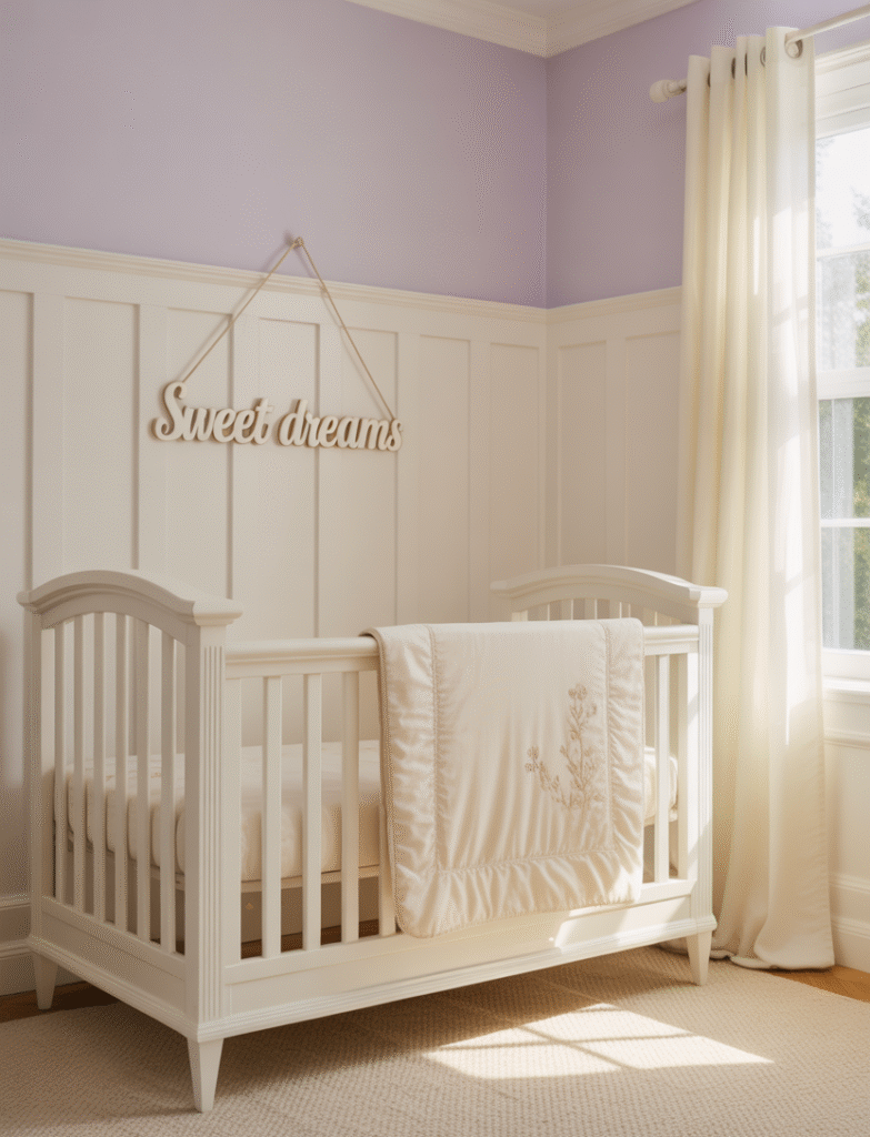 Nursery with board and batten on the lower portion of the wall and a light pastel-colored upper wall, complemented by coordinating crib bedding and curtains for a cohesive look.
