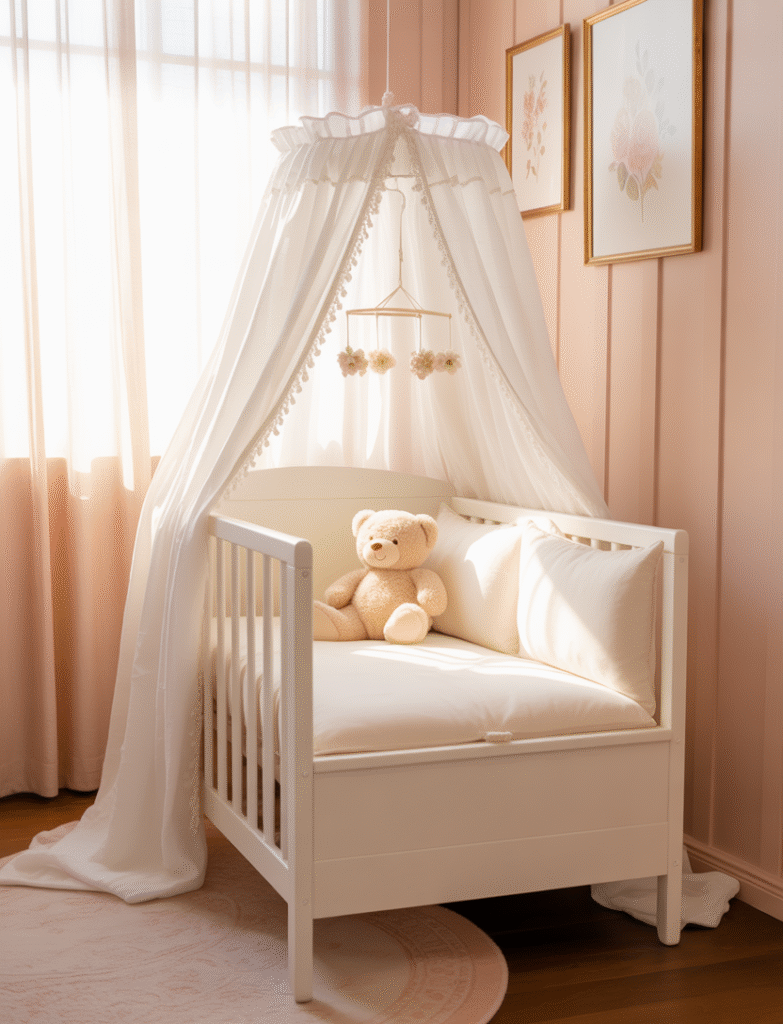 Nursery with soft blush pink board and batten panels, floral wall art, white canopy curtains, and gold accents, creating a warm, gentle, and elegant baby girl’s room.