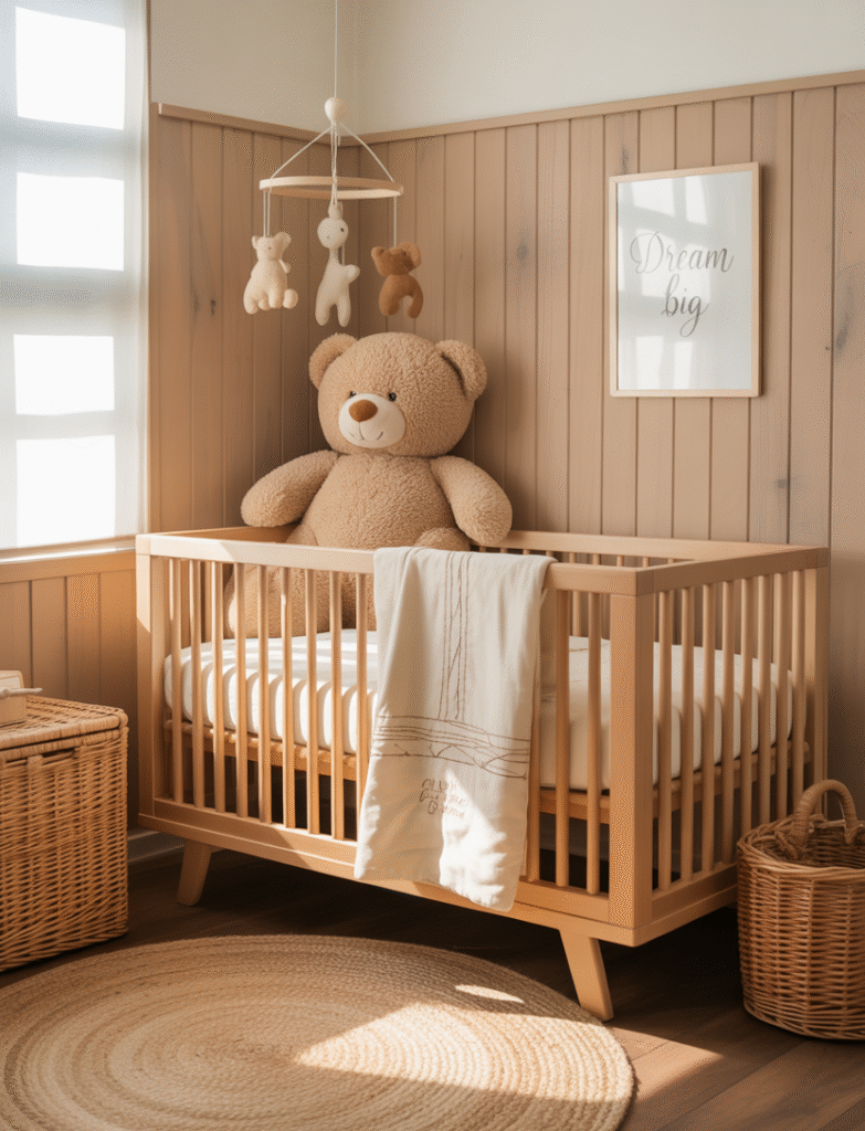 Nursery with natural wood stained board and batten panels, paired with soft neutral bedding, plush animal toys, and rattan decor for a cozy, boho-inspired space.
