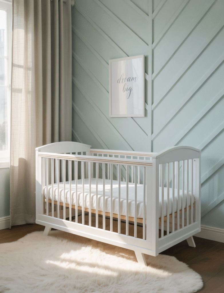 Nursery with diagonal or herringbone board and batten patterns, in pale sage or dusty blue, creating a modern twist. The pattern serves as the main feature in the room.