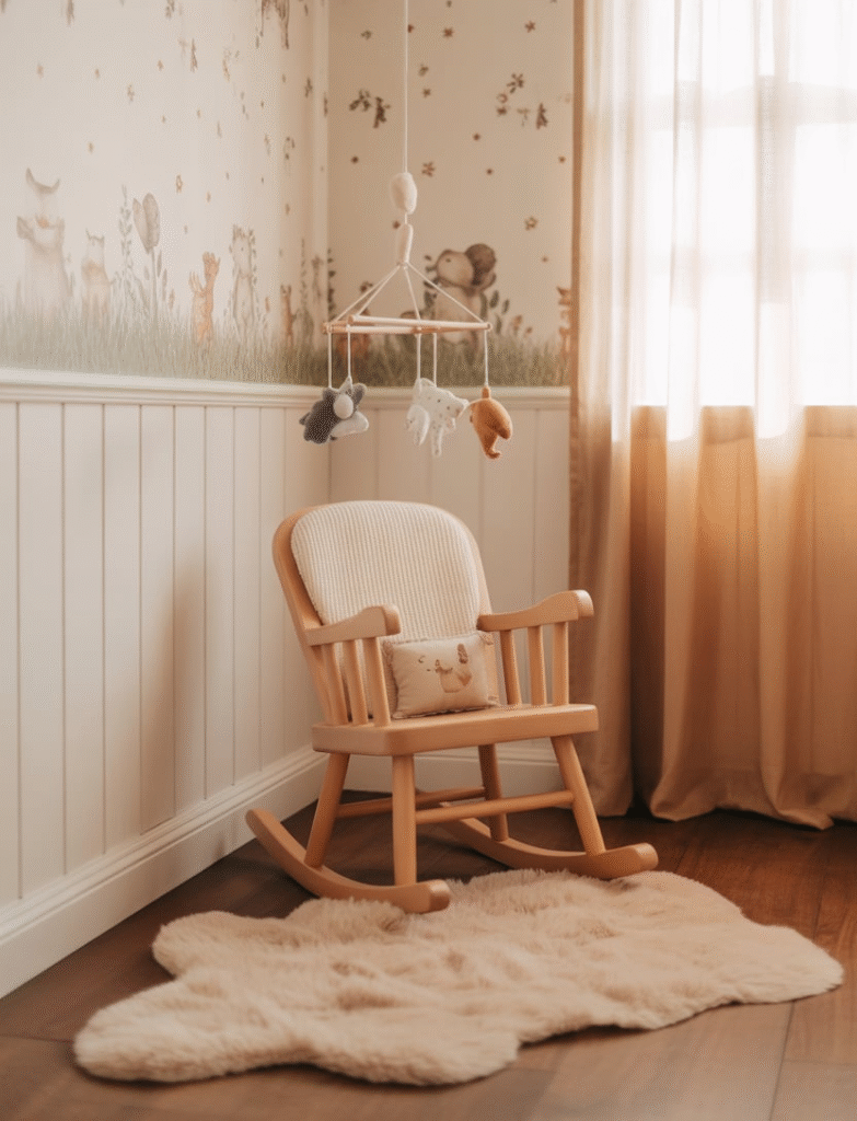 Nursery with board and batten topped with a chair rail molding, paired with framed nursery prints or delicate garlands above, adding elegance and drawing the eye upwards.