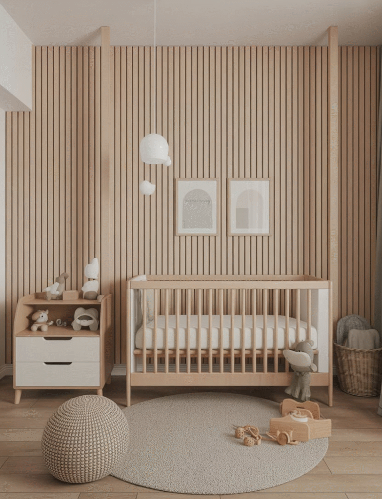 Nursery with slim, closely spaced battens, paired with Scandinavian-style furniture, plush textured rugs, and natural wood toys for a clean and minimalist modern look.