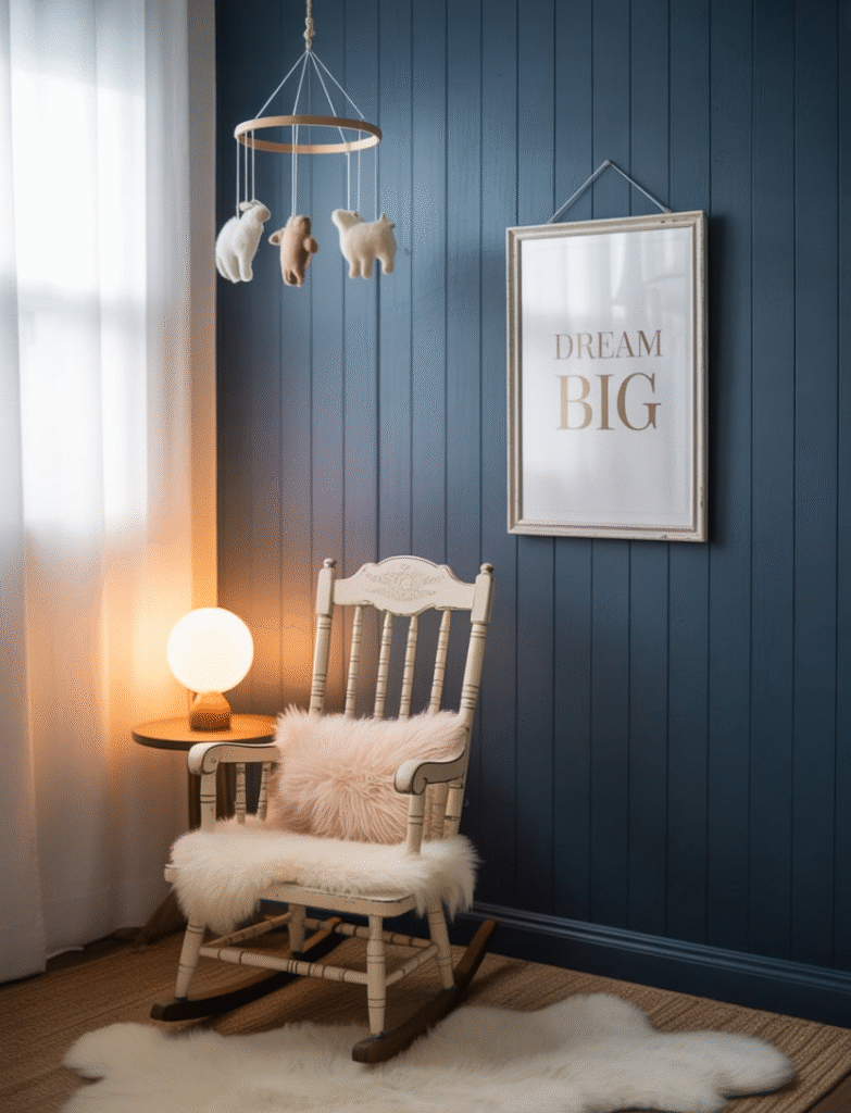 Nursery with deep navy, emerald, or charcoal board and batten on one wall, balanced with lighter furniture and cheerful art for a playful yet dramatic twist.