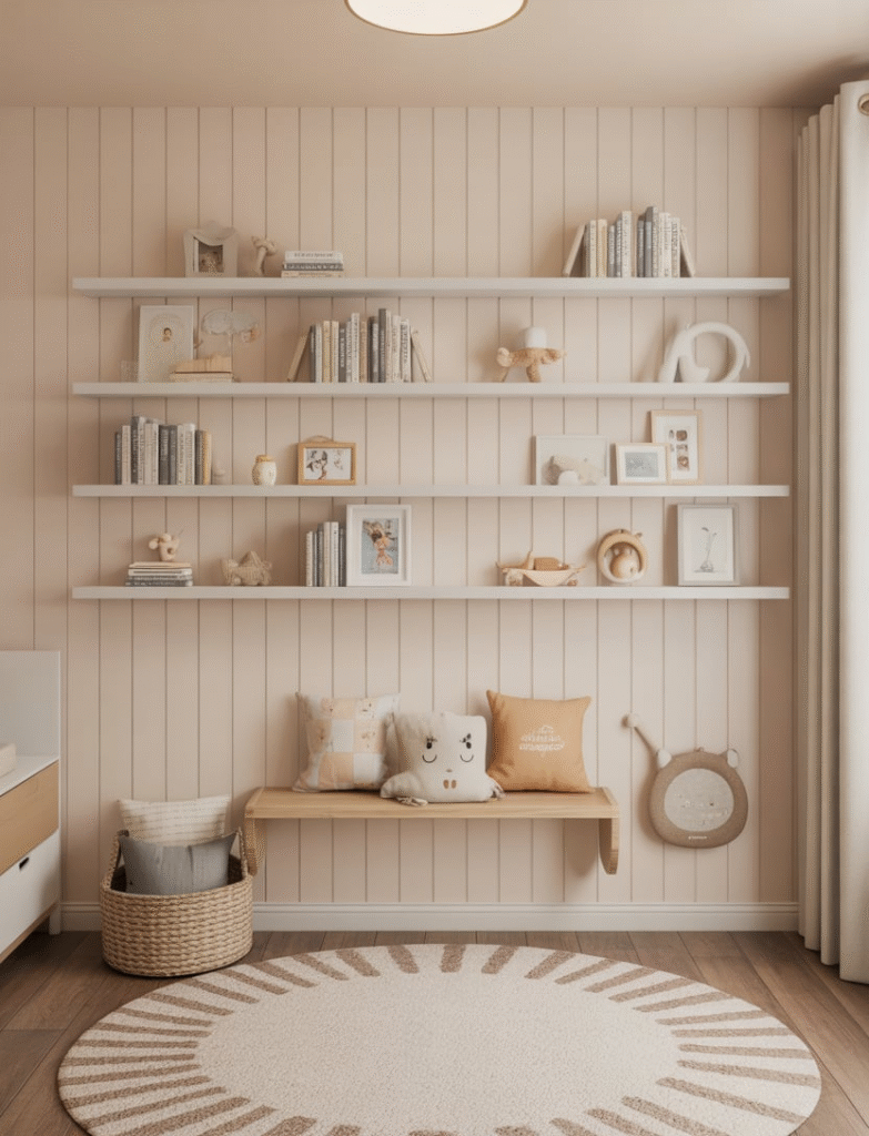 Nursery with board and batten panels and built-in slim ledges for displaying books, photos, and small toys. The decor can be rotated seasonally or as the child grows.
