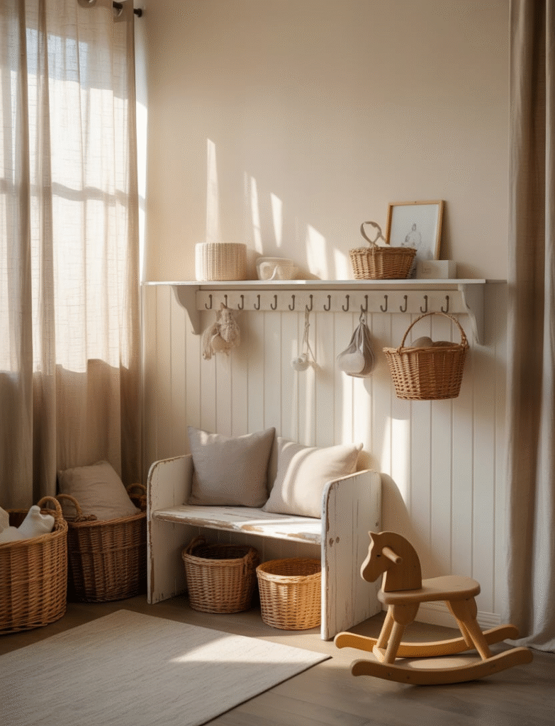 Nursery with decorative hooks along the lower portion of the board and batten wall for hanging baby blankets, coats, or keepsakes. A small bench and woven baskets add extra functionality.