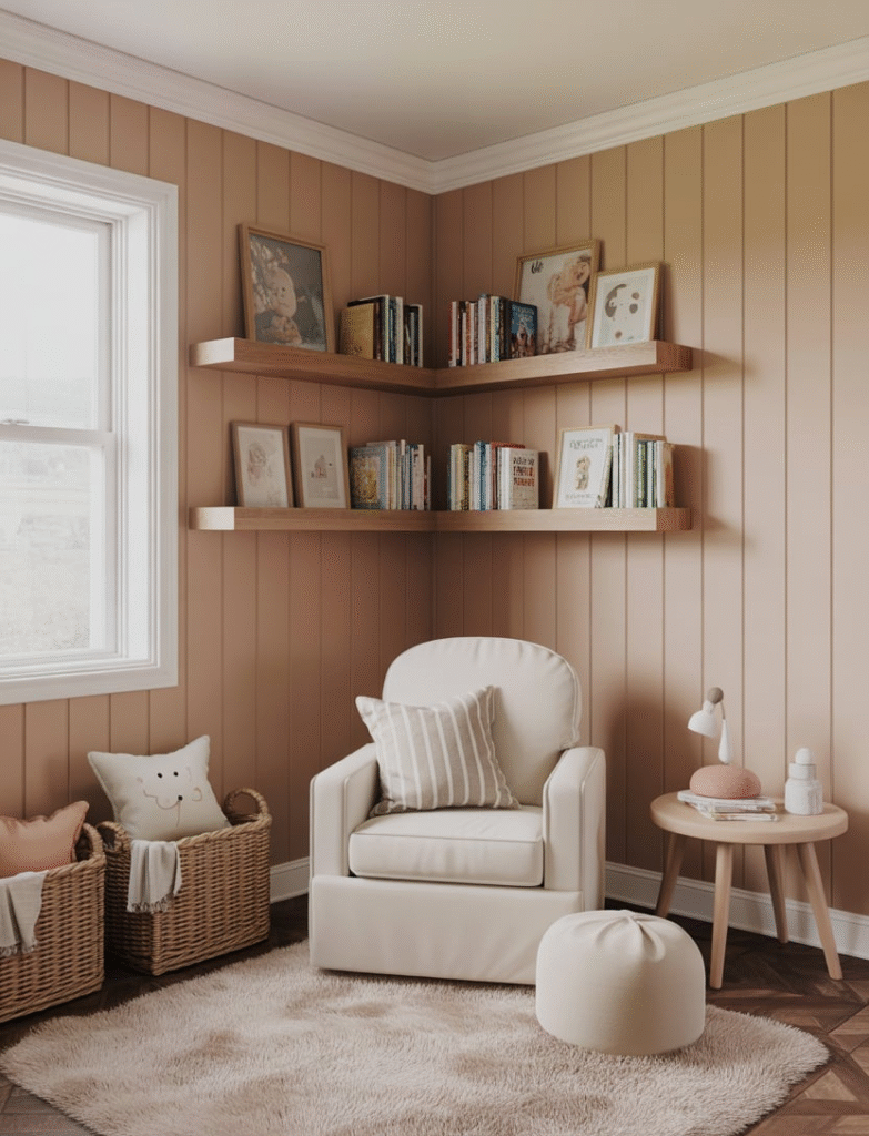 Nursery with a cozy corner defined by board and batten, featuring floating bookshelves and a comfy glider or chair. The area is styled with a plush rug, soft pillows, and a small side table.
