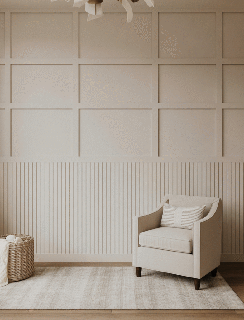 Nursery with a combination of horizontal and vertical board and batten panels, creating subtle pattern play and dimension, with a soft, neutral paint color to highlight the texture.