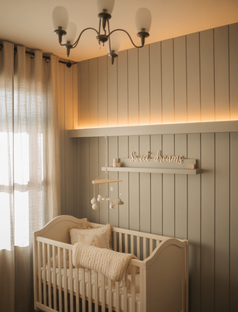 Nursery with LED strip lighting installed along the top rail or under floating shelves, creating a cozy glow at night. Wall sconces or a nursery chandelier add layered lighting for ambiance.