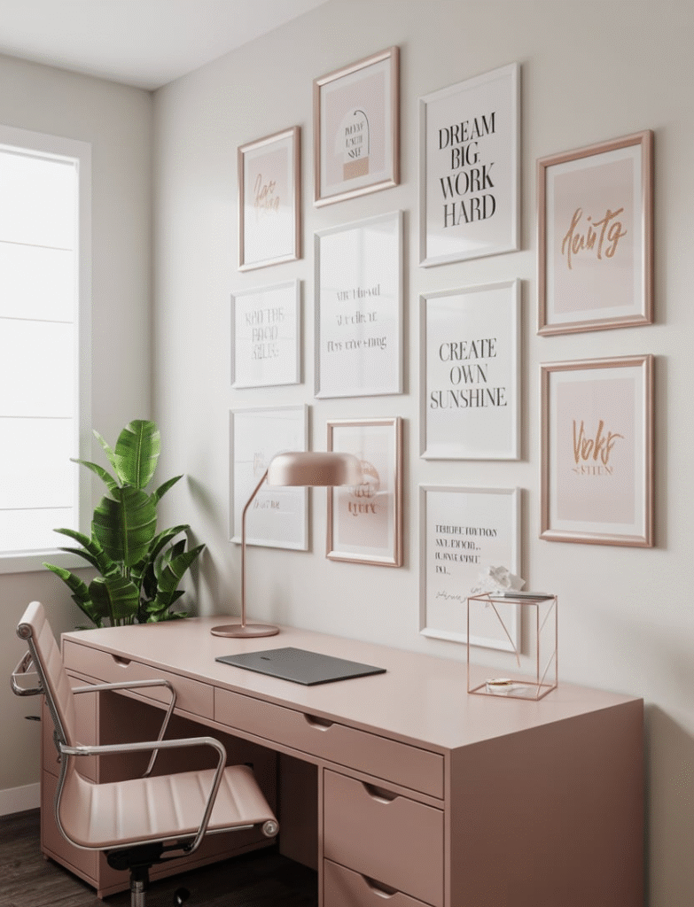 White office wall with a gallery of pink-framed artwork and quotes, blending color with personality and inspiration.