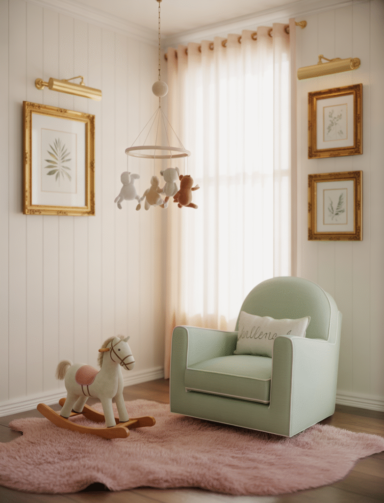 Nursery with bright white board and batten panels, complemented by gold-framed art and light fixtures for a subtle touch of elegance. Soft pink or mint textiles bring gentle pops of color.