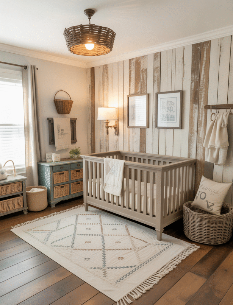 Nursery with reclaimed or distressed wood board and batten paneling, combined with antique-inspired lighting, patchwork quilts, and woven baskets for a rustic, vintage-inspired feel.