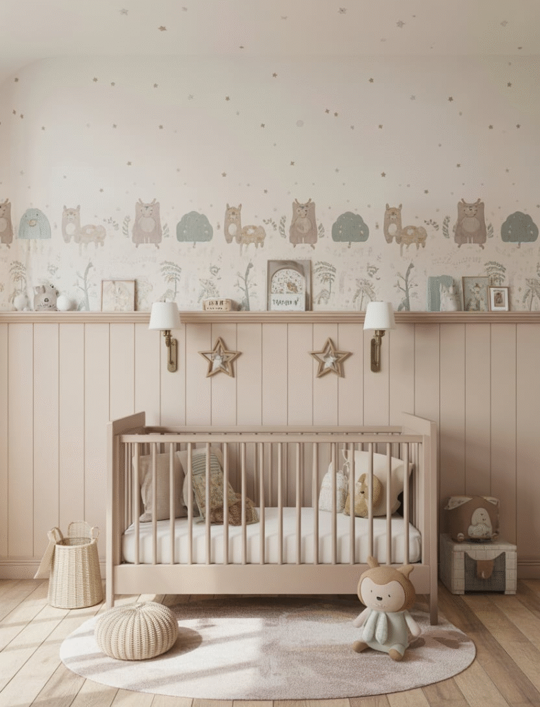 Nursery with lower board and batten panels paired with playful patterned wallpaper above, featuring themes like rainbows, polka dots, or safari animals for a cheerful atmosphere.