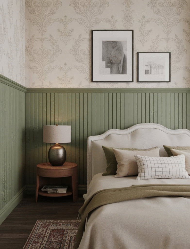 Room with board and batten installed halfway up the walls in moody green, topped with neutral wallpaper or framed art above, creating a balanced and subtle design.