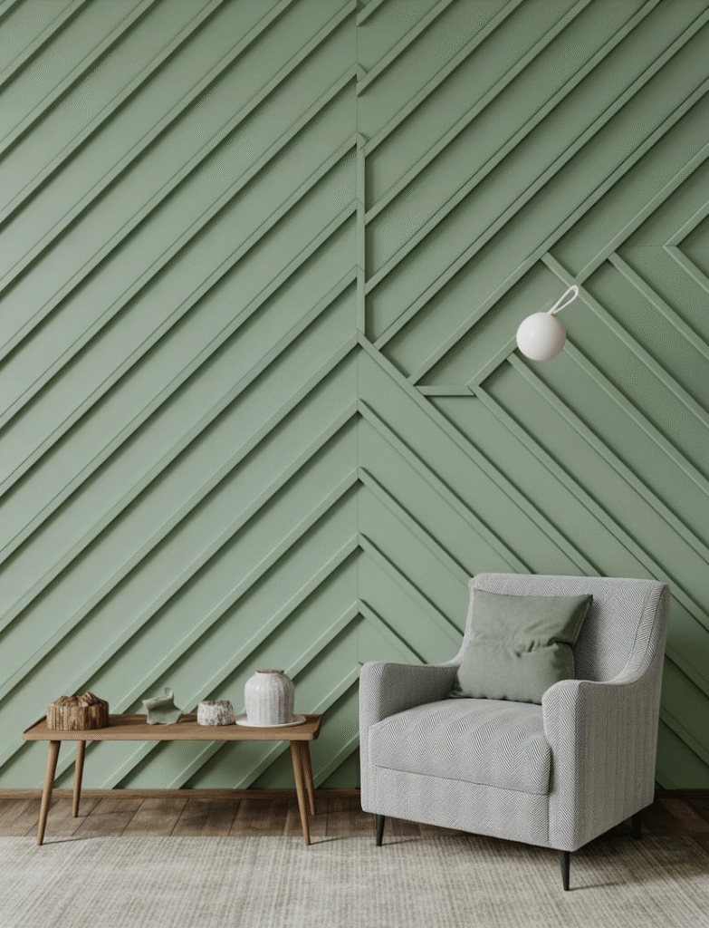 Room with diagonal or herringbone green board and batten pattern, paired with minimalistic furniture and abstract art, making the bold wall the focal point of the space.