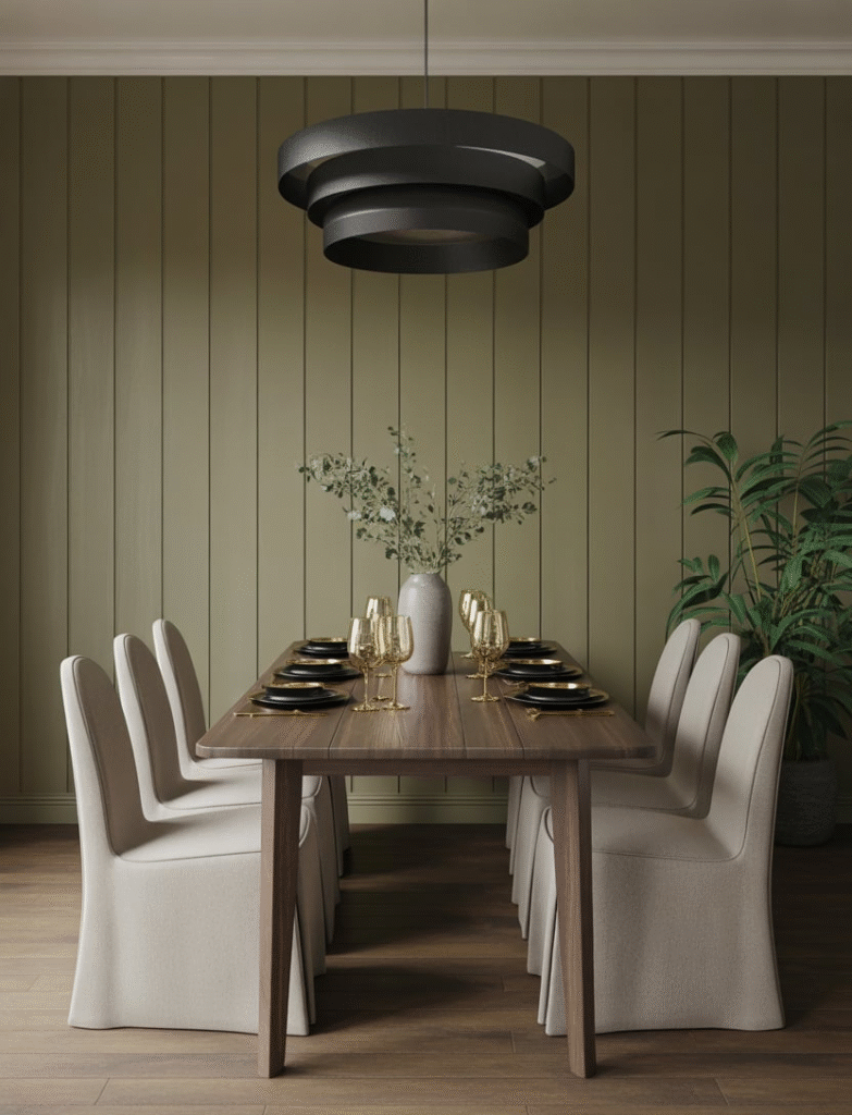Dining room featuring a dark olive board and batten accent wall, complemented by a wooden dining table, linen chairs, and gold-rimmed dinnerware, creating a cozy and inviting atmosphere.