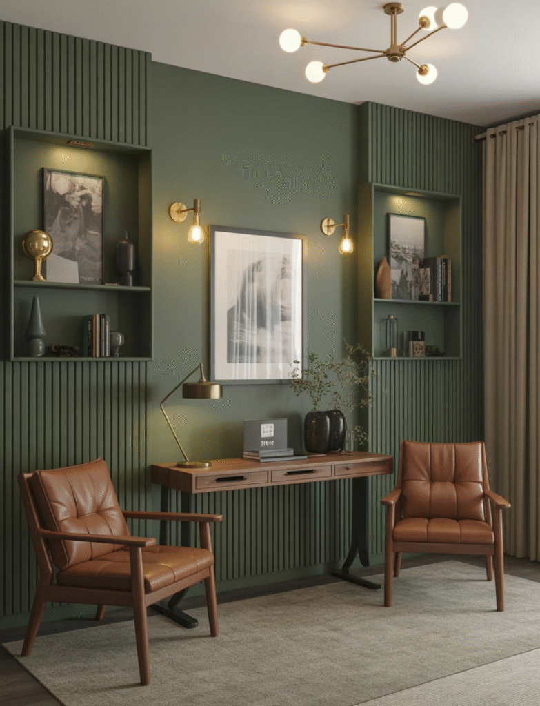 As a part of moody green board and batten wall ideas this picture shows living room with vertical deep forest green board and batten panels, paired with leather chairs, brass lighting, and warm wood accents, creating a classic and sophisticated look.