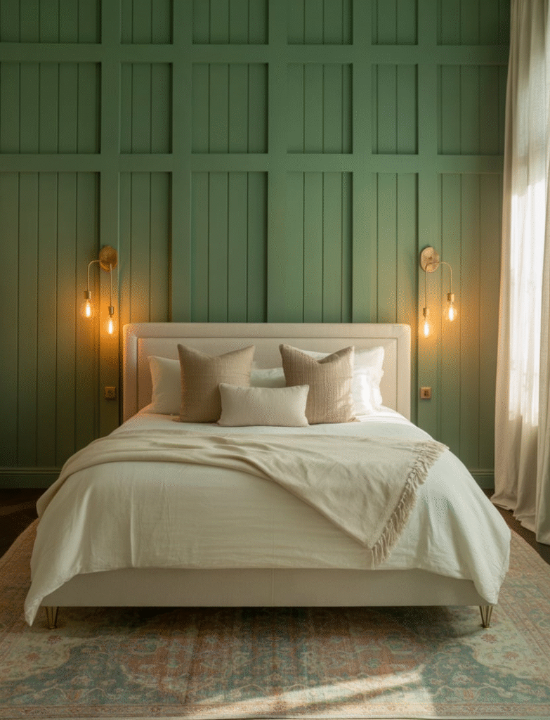Bedroom with green board and batten running from the baseboard to the ceiling behind the bed, layered with plush neutral bedding, vintage rugs, and brass sconces for a refined atmosphere.