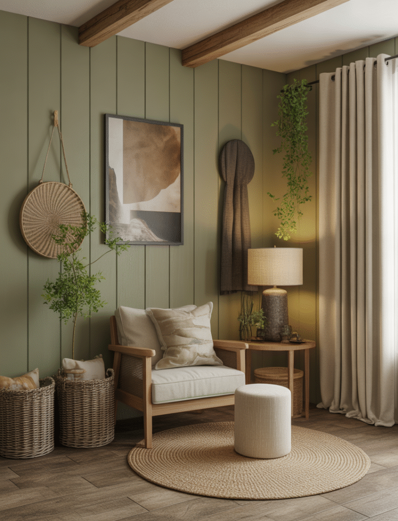 Room with moody green board and batten walls complemented by earthy taupes, creams, woven baskets, linen curtains, and large potted plants for a warm, grounded feel.