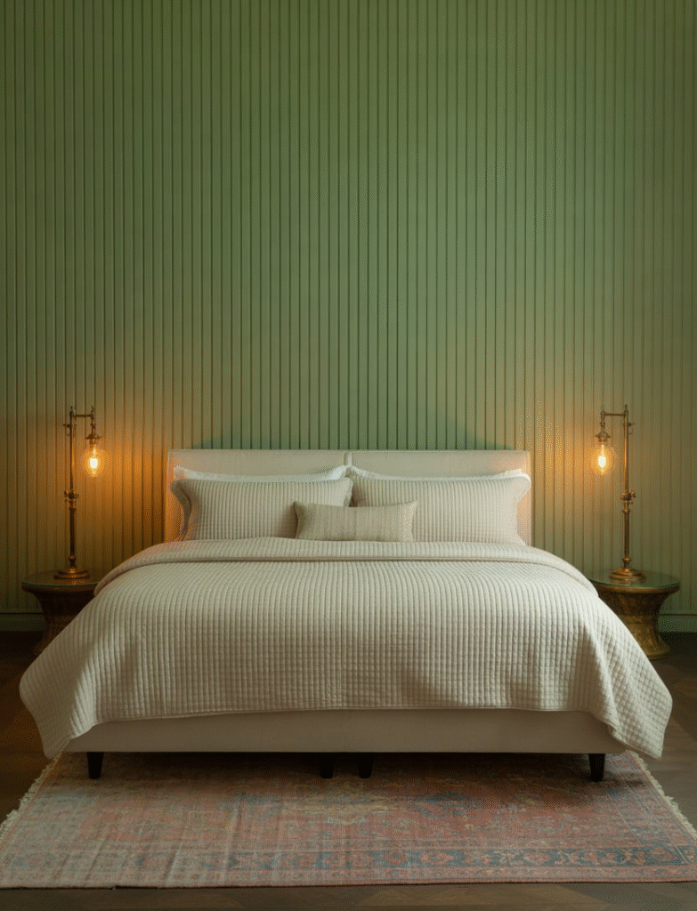 Room with slim, closely spaced battens in a clean and understated design, paired with matte paint finishes and minimal decor, enhancing the contemporary feel of the space.