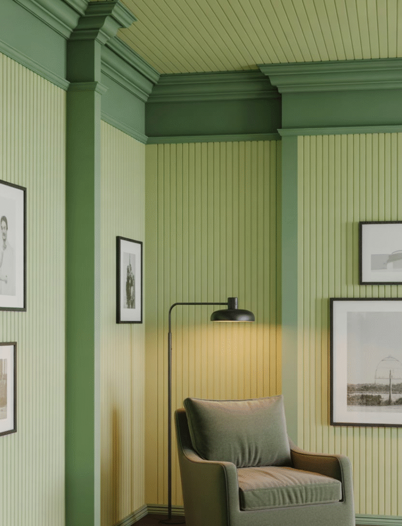 Room with a layered tone-on-tone green board and batten design, featuring matching trim and ceiling in varying shades of green, accented with black picture frames and light fixtures for grounding.