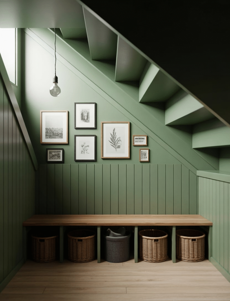 Under-staircase area transformed with moody green board and batten, featuring a bench, storage baskets, and a gallery wall, creating a functional and beautiful nook.