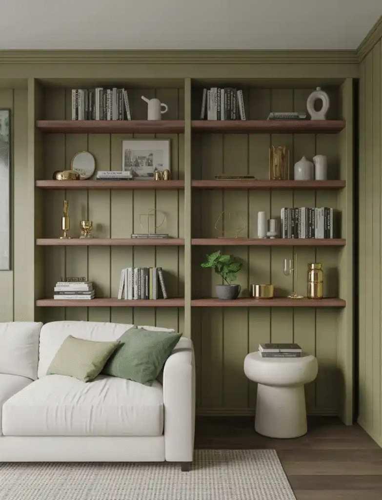 Room with built-in shelves set against a green board and batten wall, styled with books, brass objects, and white ceramics, blending decor with stylish storage.