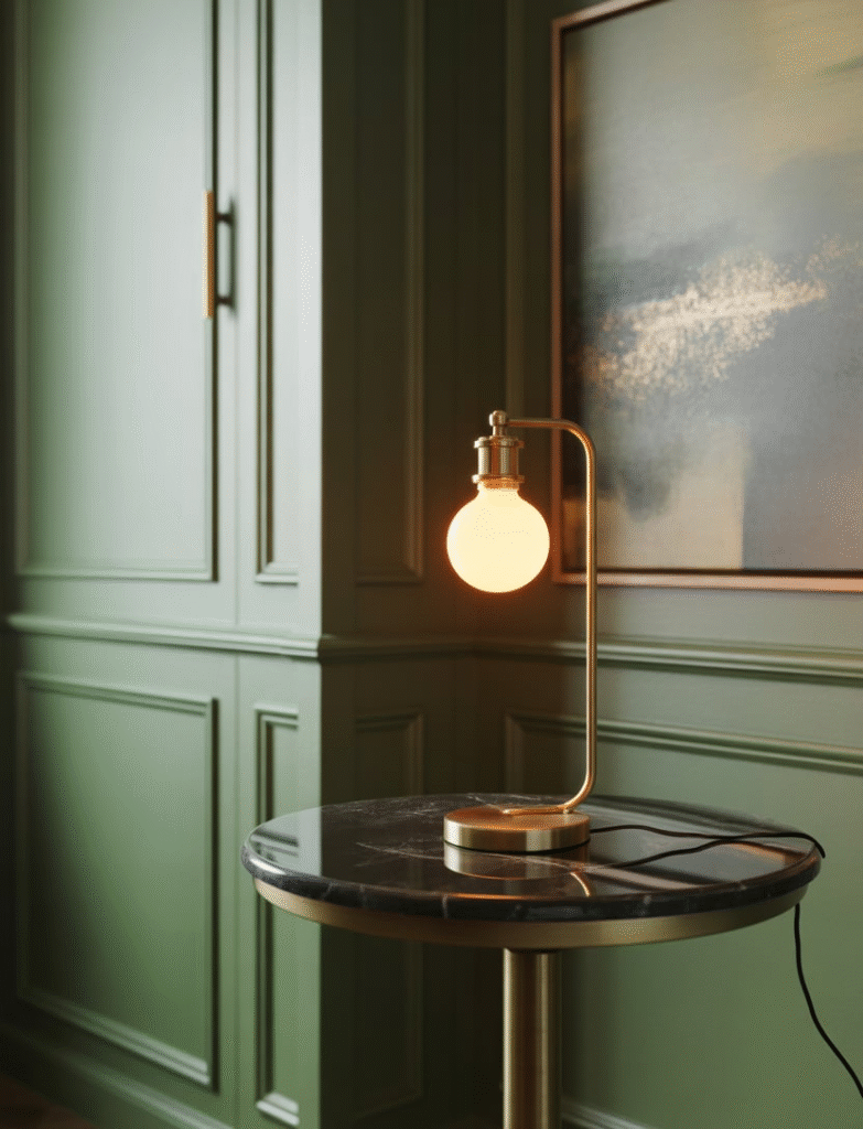 Room with moody green board and batten walls, complemented by gold hardware, lamps, and decor, with marble or glass pieces adding lightness and sparkle for an elegant finish.