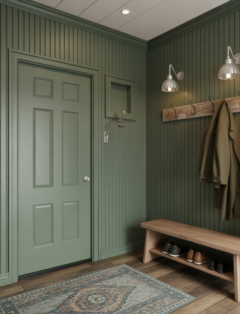 Entryway with moody green board and batten panels, paired with a rustic wood bench, coat hooks, and a patterned rug, creating a welcoming and stylish first impression.