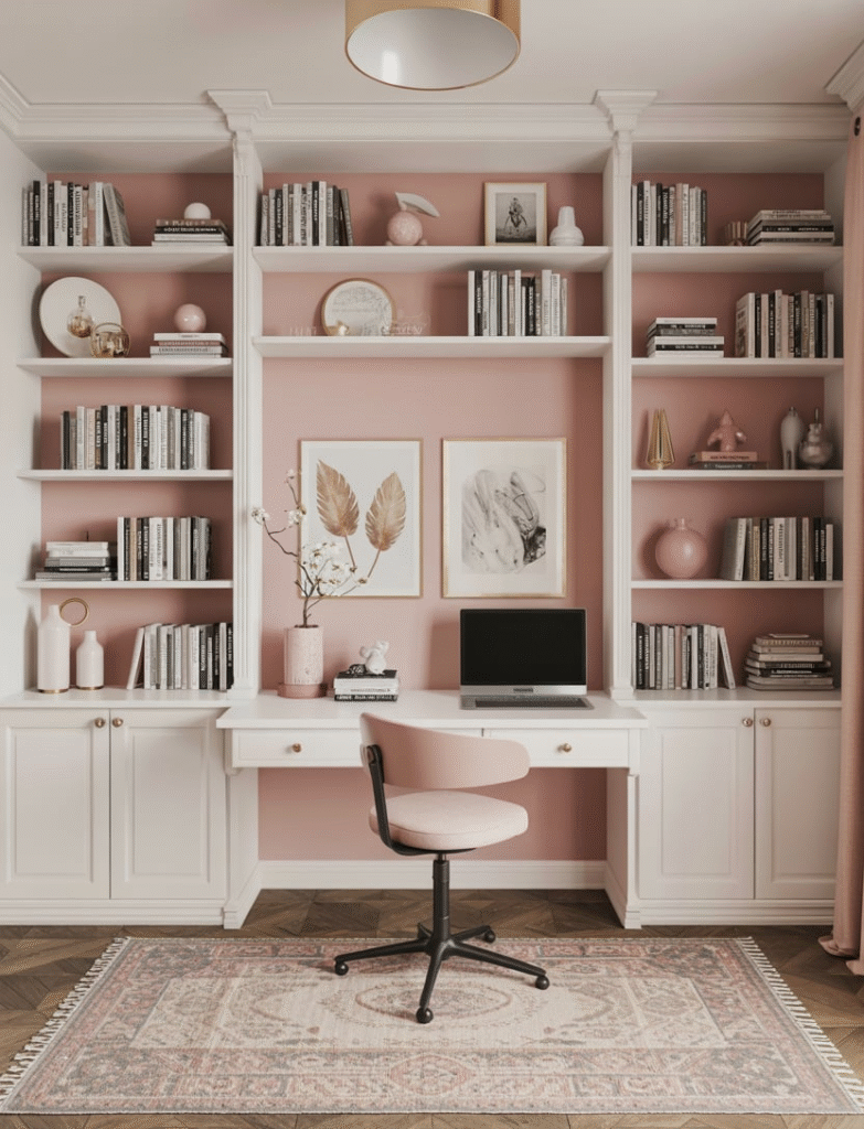 Built-in white shelves with pink-painted back panels showcasing books and decor for a stylish, curated feel.