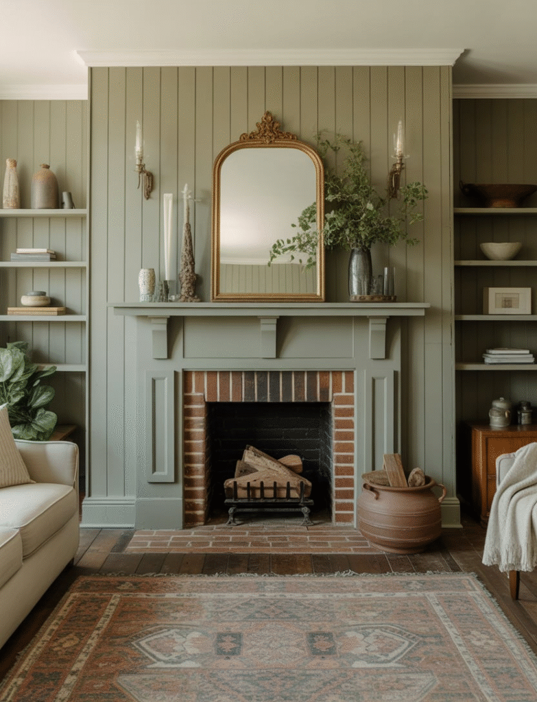 Living room with green board and batten framing a fireplace, making it the focal point. A vintage mirror above the mantel and stacked wood or pottery nearby complete the design.