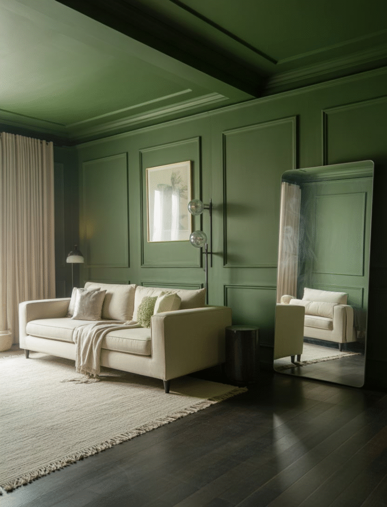 Room with green board and batten walls paired with dark wood or black-stained floors, lightened with cream textiles, mirrors, and reflective surfaces for balance.