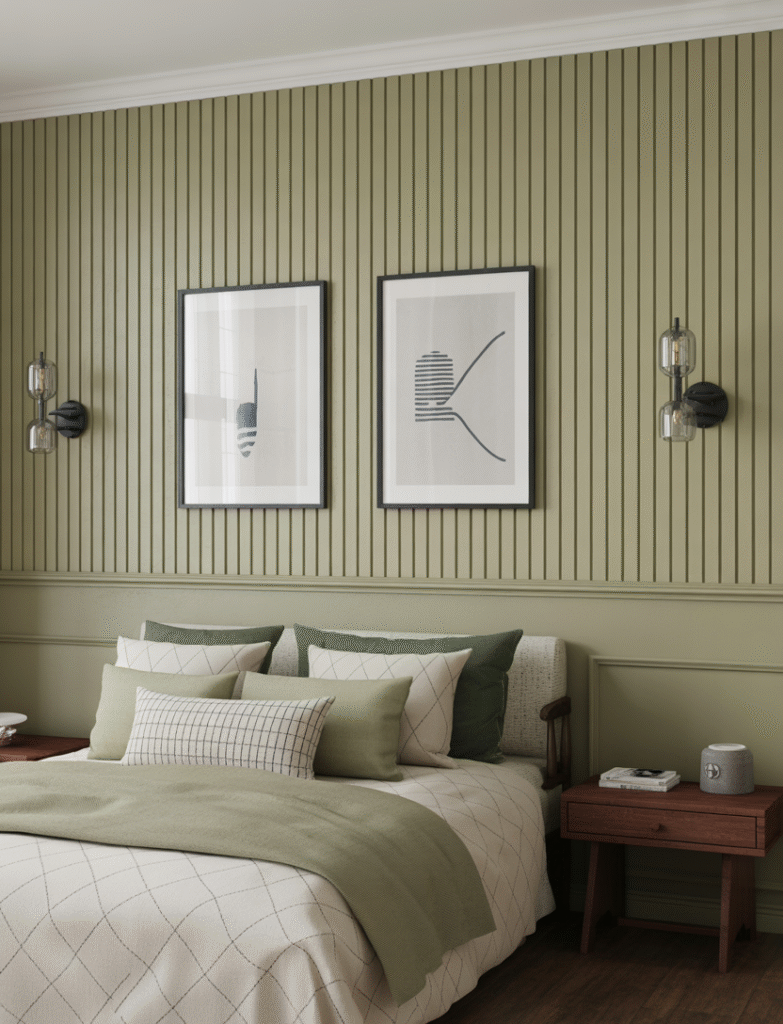 Room with both vertical board and batten panels and horizontal battens at the bottom, creating a subtle twist on tradition. Simple framed art complements the geometric design.