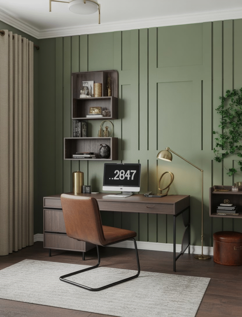 Home office with a green board and batten accent wall, paired with a dark wood desk, brass task lamp, and leather accessories, creating a grounded and sophisticated workspace.
