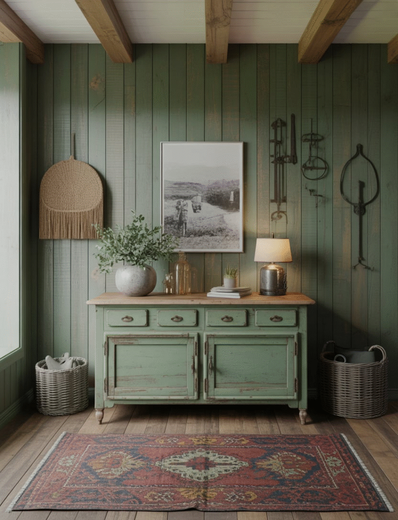 Room with reclaimed wood painted moody green, adding texture and rustic charm. The design is complemented by vintage rugs, woven baskets, and iron hardware for farmhouse appeal.