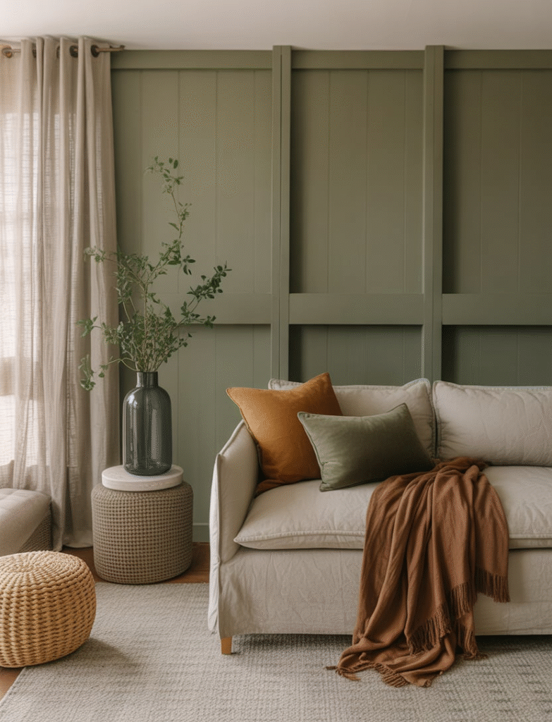 Room with moody green board and batten walls balanced by soft linen drapes, cushions, and throws in warm neutrals, creating a cozy, welcoming atmosphere.