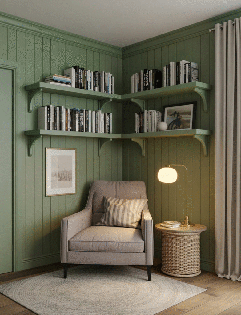 Cozy corner reading nook with green board and batten defining the space, featuring a plush armchair, small lamp, and floating bookshelves, creating a comfortable retreat.