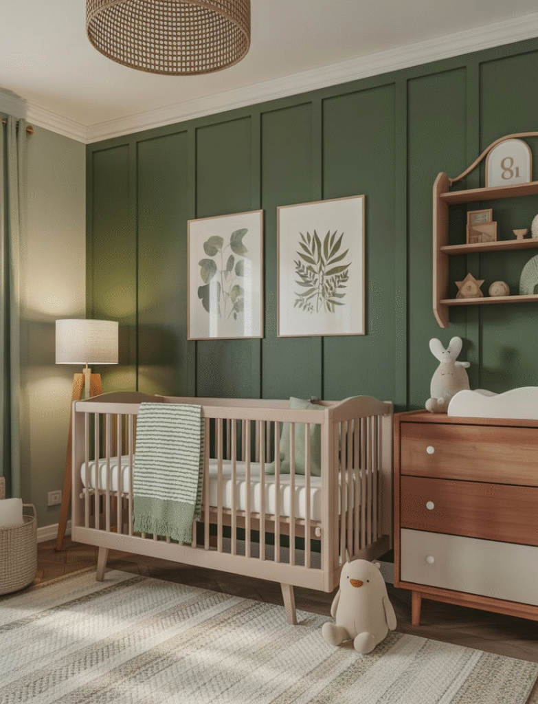 Nursery with a deep green accent wall in board and batten, styled with soft whites, warm woods, plush toys, and botanical wall art, creating a cozy and serene environment.